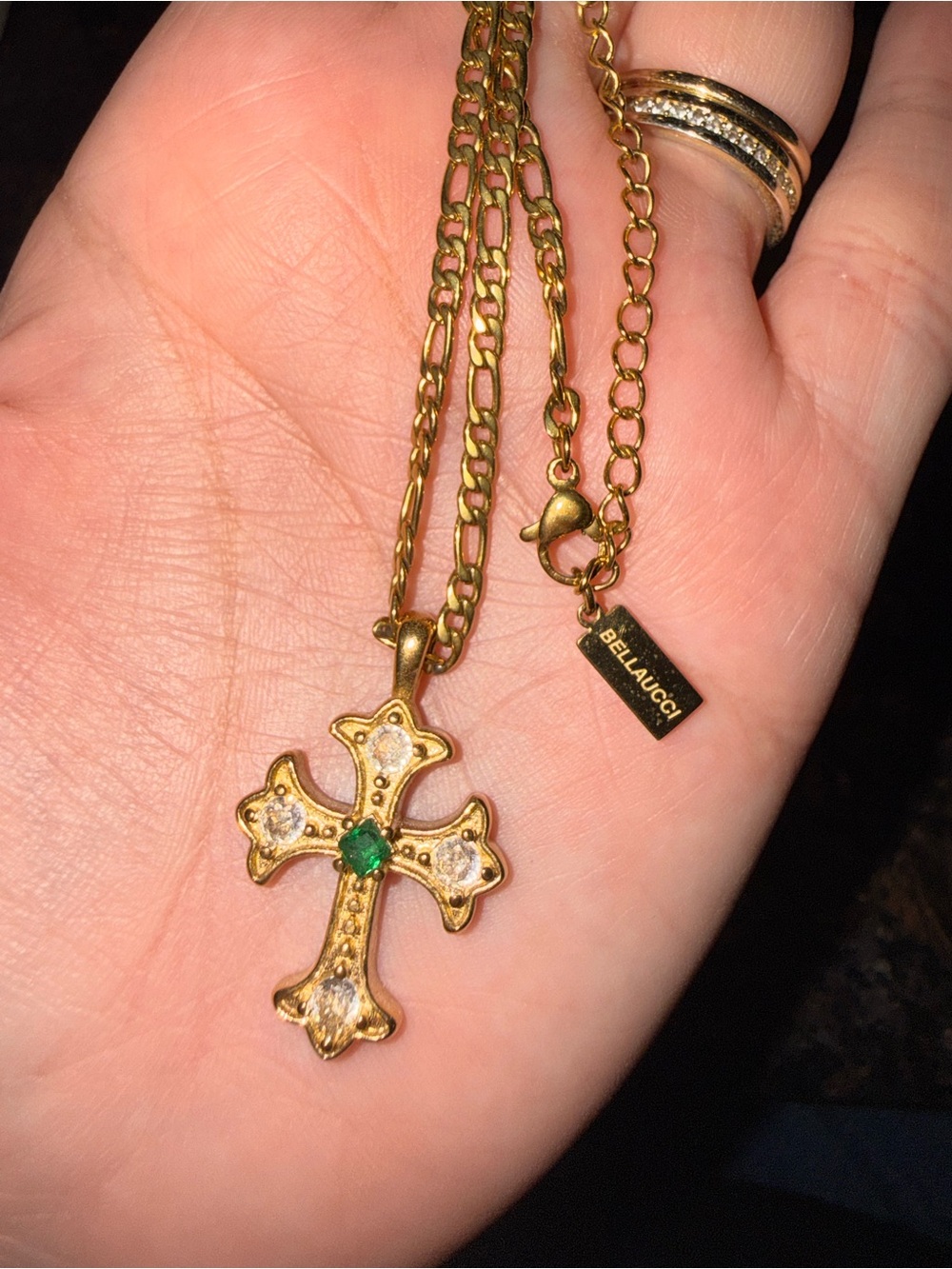 Bella I Gold Cross Pendant Necklace with Green Center Stone
